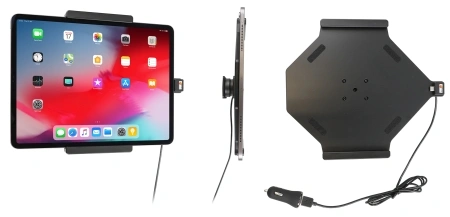 Brodit Aktiv hållare med USB-kabel och cigg-adapter, Apple iPad Air 13 2024 (A2898, A2899, A2900)/Air 13 2025 M3 (A3268, A3268, A2371)/Pro 12,9 2018 (A1876, A1895, A1983, A2014)/Pro 12.9 2020 (A2069, A2232, A2229)/Pro 12.9 5th Gen 2021 (A2378, A2379, A24
